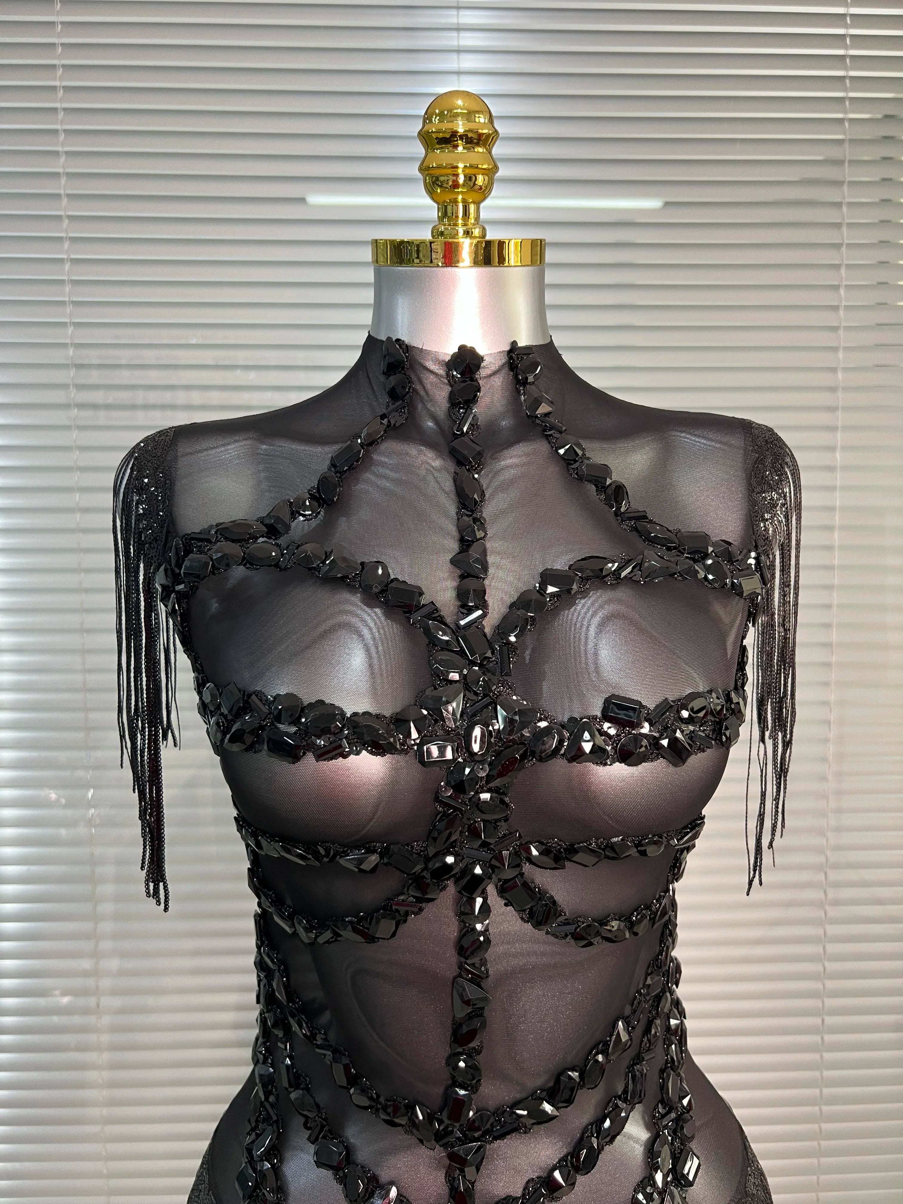 Summer New Women Sexy Black Tassel Crystal Diamonds Stretchy Night Club See Through Singer Dancer Stage Costume Party Bodysuit