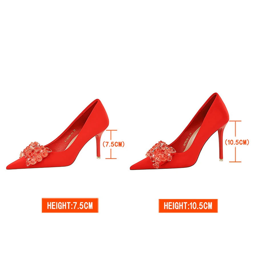 Women 7.5cm 10.5cm High Heels Luxury Pumps Lady Silk Shallow Pointed Toe Rhinestone Crystal Bling Buckle Low Heels Green Shoes