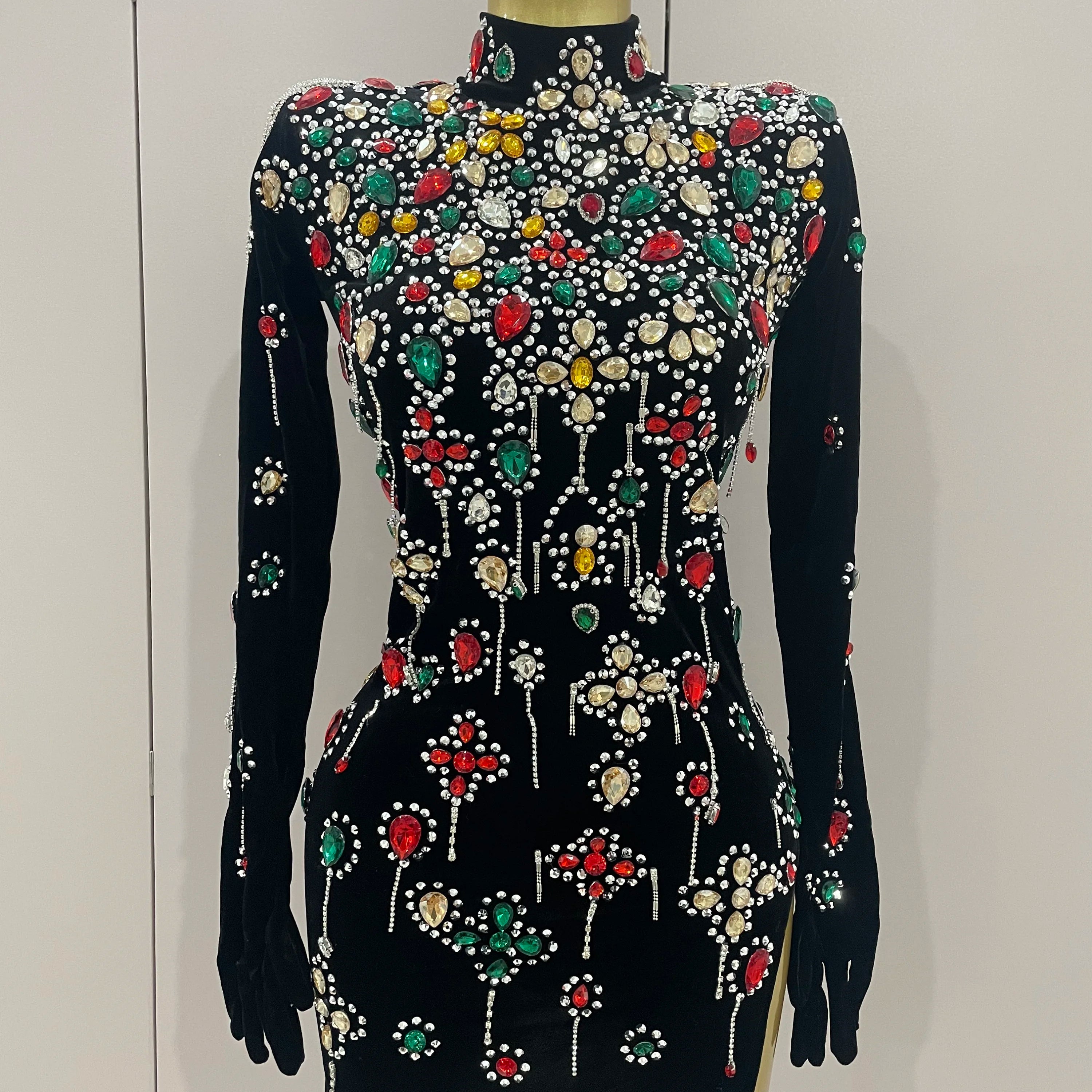 Sexy Sparkle Multicolor Rhinestones Black Velvet Gloves Slit Short Dress 2025New Women Evening Birthday Party Club Stage Costume