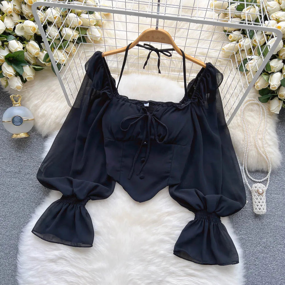 Flare Sleeve Women Tops Ruffle Solid Elastic Waist Halter Backless Chiffon Slim Ladies Harajuku Sexy Short Blouse black One Size