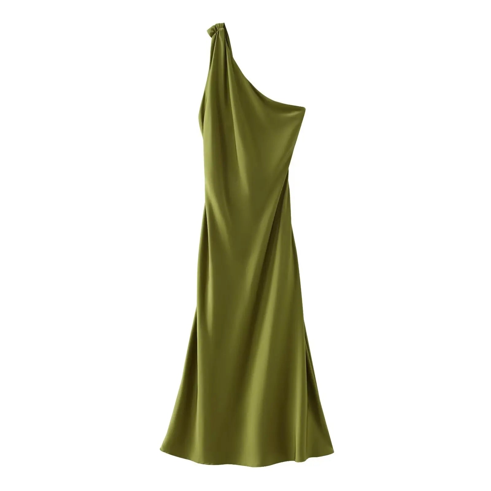 TRAFZA Elegant Woman Chic Vintage Backless Folds Side Zipper Long Dress Women Asymmetrical Sleeveless Solid Evening Dress green