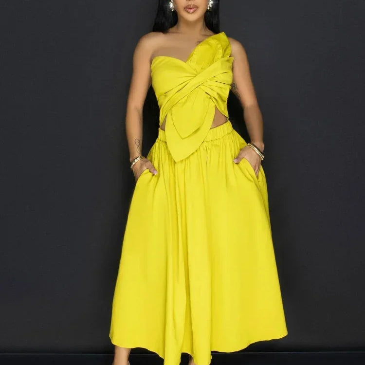 CM.YAYA Women Big Petal Front Strapless Midi Long Dress 2024 Summer Street Vestidos Sexy Party Evening Chic Big Swing Dresses