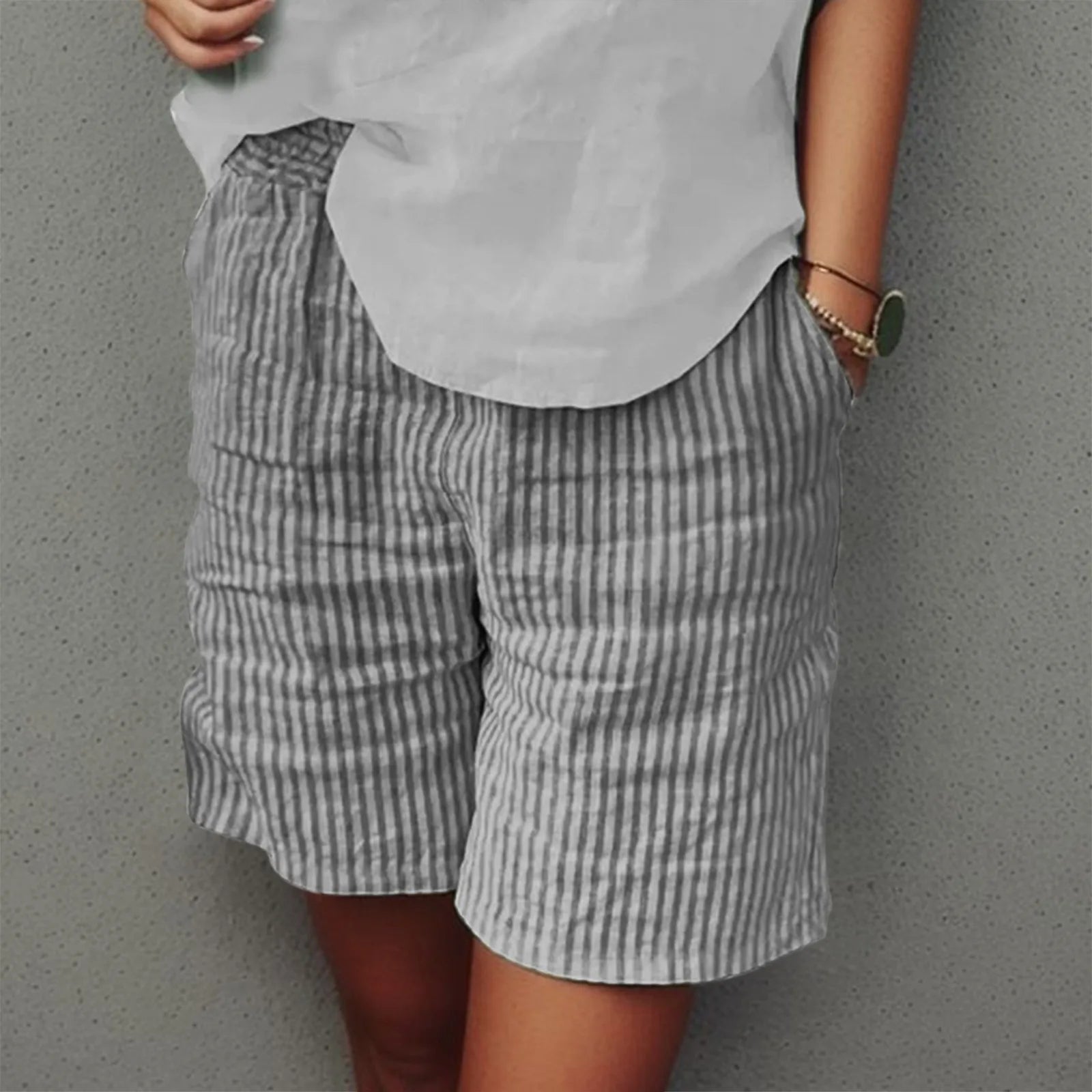 Vintage Striped Shorts Women Classic Cotton Linen Trunks Double Pocket Shorts Summer Hawaiian Beach Vacation Shorts Casual Wear Black CN