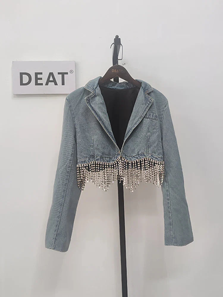 DEAT Women Notched Collar Diamond Tassel Short Denim Coat High Waist Butterfly Hollow Out Jeans Summer New Fashion 29L2717 blue Top