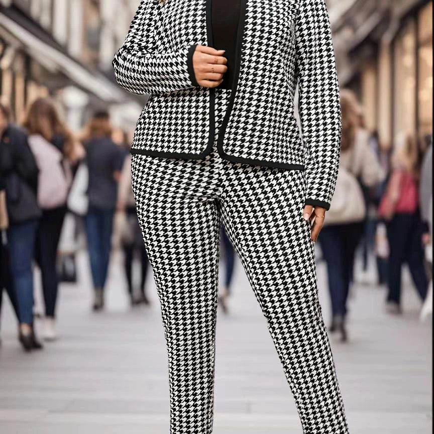 Large size directional elegant and fashionable houndstooth round neck women's long pants set, casual and versatile spring and au