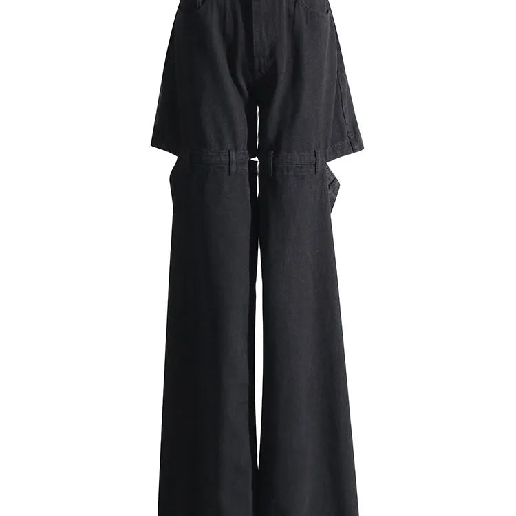 Hollow Out Streetwear Denim Trousers For Women High Wasit Loose Patchwork Wide Leg Pats Female Fashion Summer Clothing New
