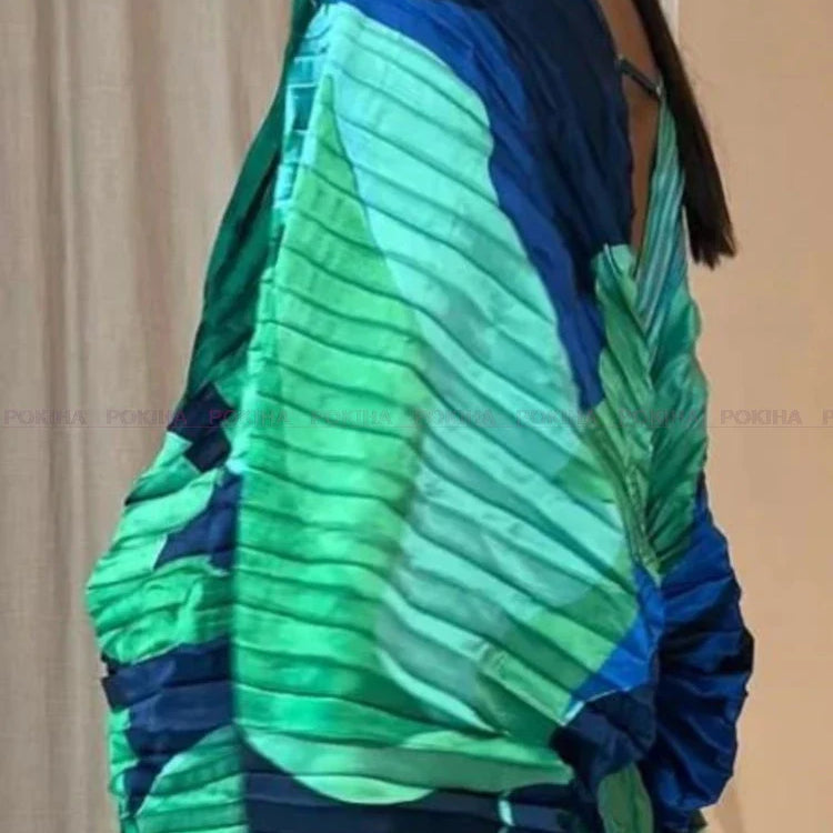 CIL V-neck Loose Backless Baggy Sleeve Women Split Maxi Dress Vintage Printed Vacation Elegant Pleated Long Dress Vestido