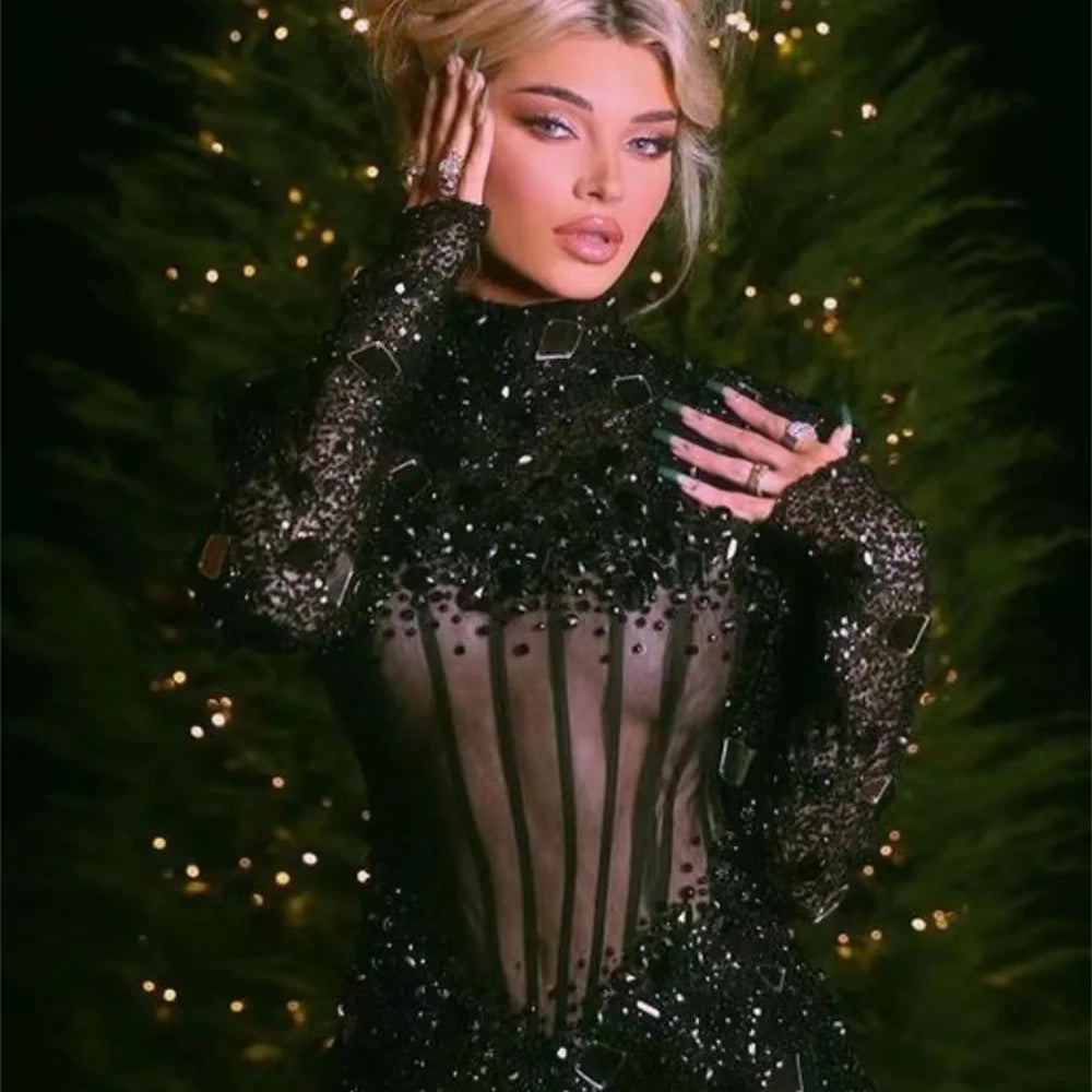 Black Color Fashionable Rivet Shining Sequins Sexy Mesh See Through Bodycon Mini Dress Cool Sexy Woman Party Vestido Club Outfit