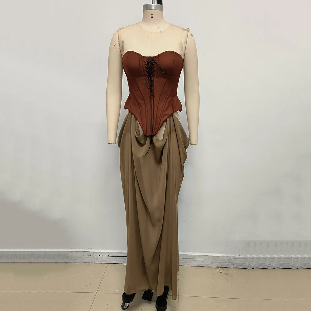 Vintage Off Shoulder Sleeveless Long Dresses Sexy Women Sheath Lace Up Patchwork Long Dress Elegant Summer For 2025 Vestidos