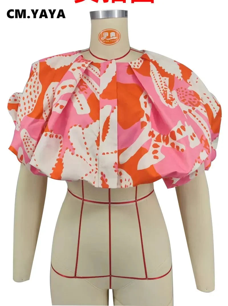 CM.YAYA Summer Street Women Shirts Fashion Ruched Short Puff Sleeve Mini Blouse 2024 Street Print Casual Holiday Shirts Tops