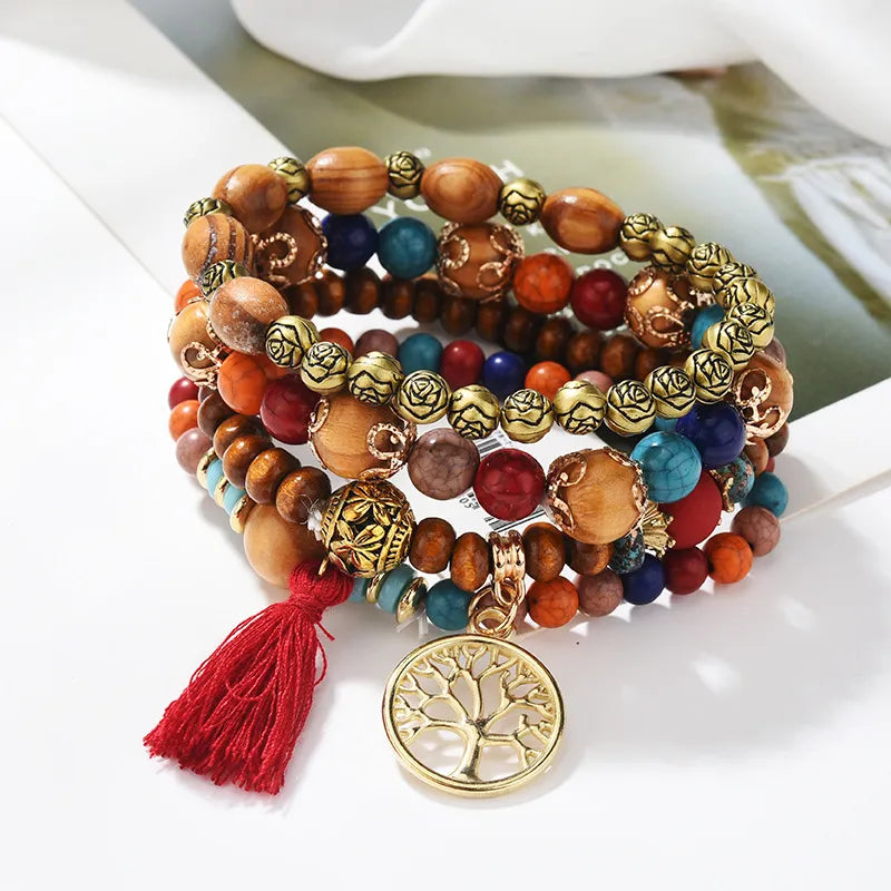 Bohemian Bracelet Creative Ladies Tree of Life Jewelry Tassel Multi-layer Wooden Beaded Ethnic Style Fashion Women Bracelets