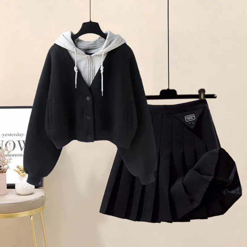 Autumn New Plush and Thick Patchwork Hoodie Jacket Pleated Mini Skirt Two-piece Elegant Women's Skirt Set Outfits 2pcs set 08