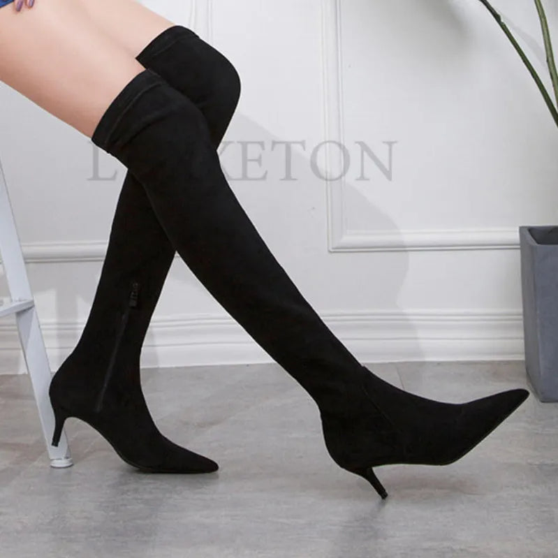 Women Winter Boots Slim High Heel Suede Stretched Over Knee Long Boots Sexy Pointed Down Thigh Long Botas Fashion