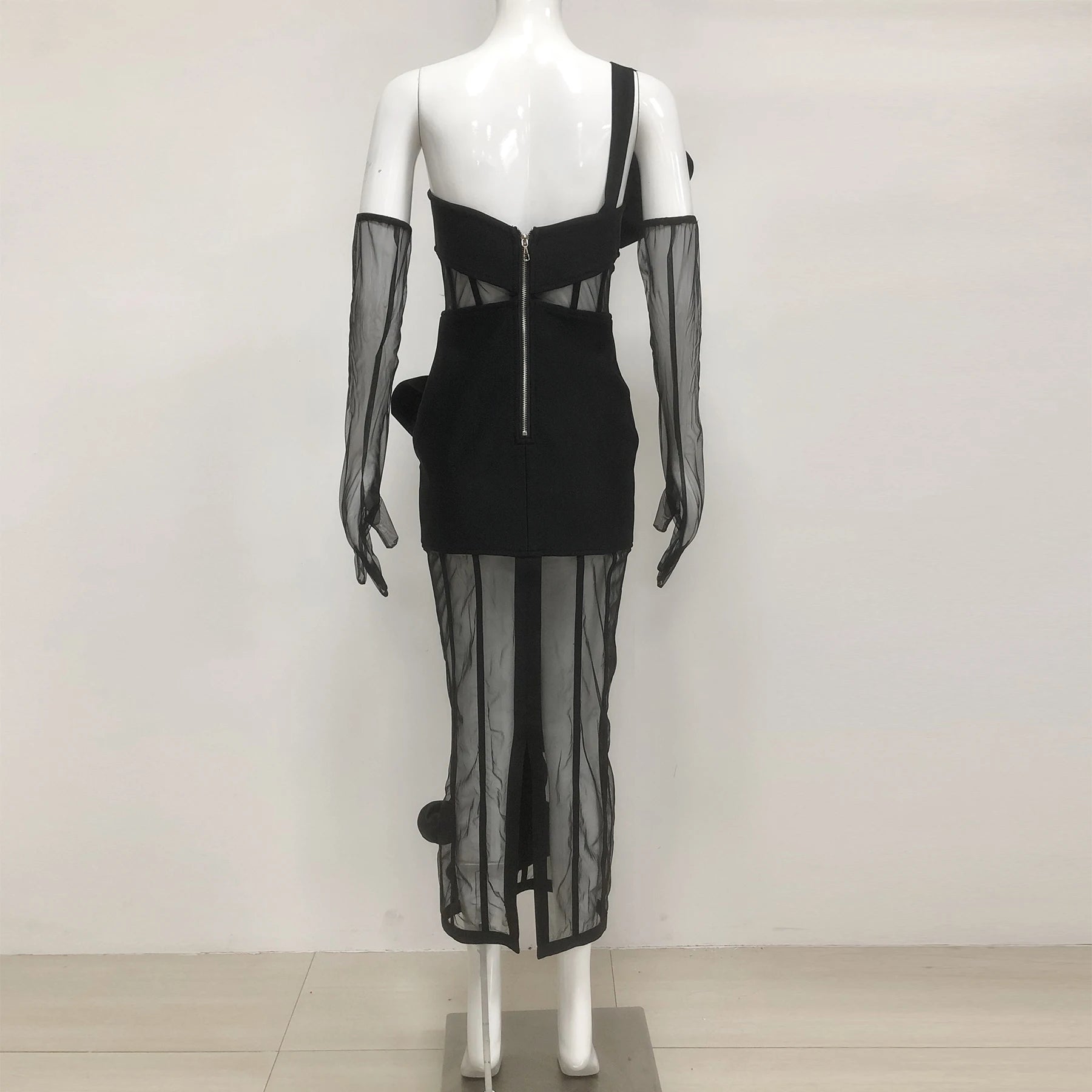 High Quality Women Sexy One Shoulder Florals Mesh See Through Bodycon Long Bandage Dress Celebrate Nightclub Party Outfit