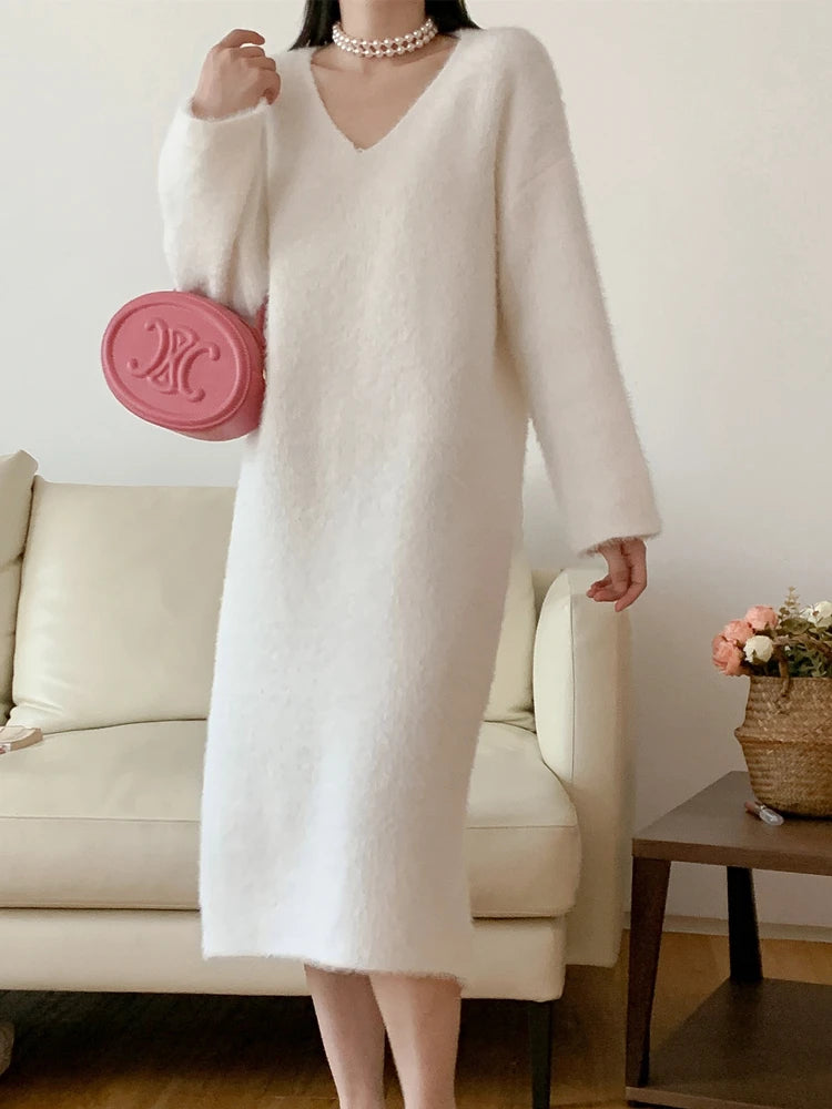 Chic Korean Fashion Knitting Fake Mink Cashmere Elegant Women's Autumn Winter Vintage Long Dresses