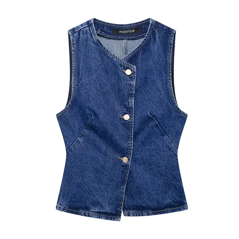 TRAFZA Summer Denim Trousers Set For Women Sleeveless Cropped Vest Top + Wild Basic Women's Wide Leg Long Pant Trendy denim vest