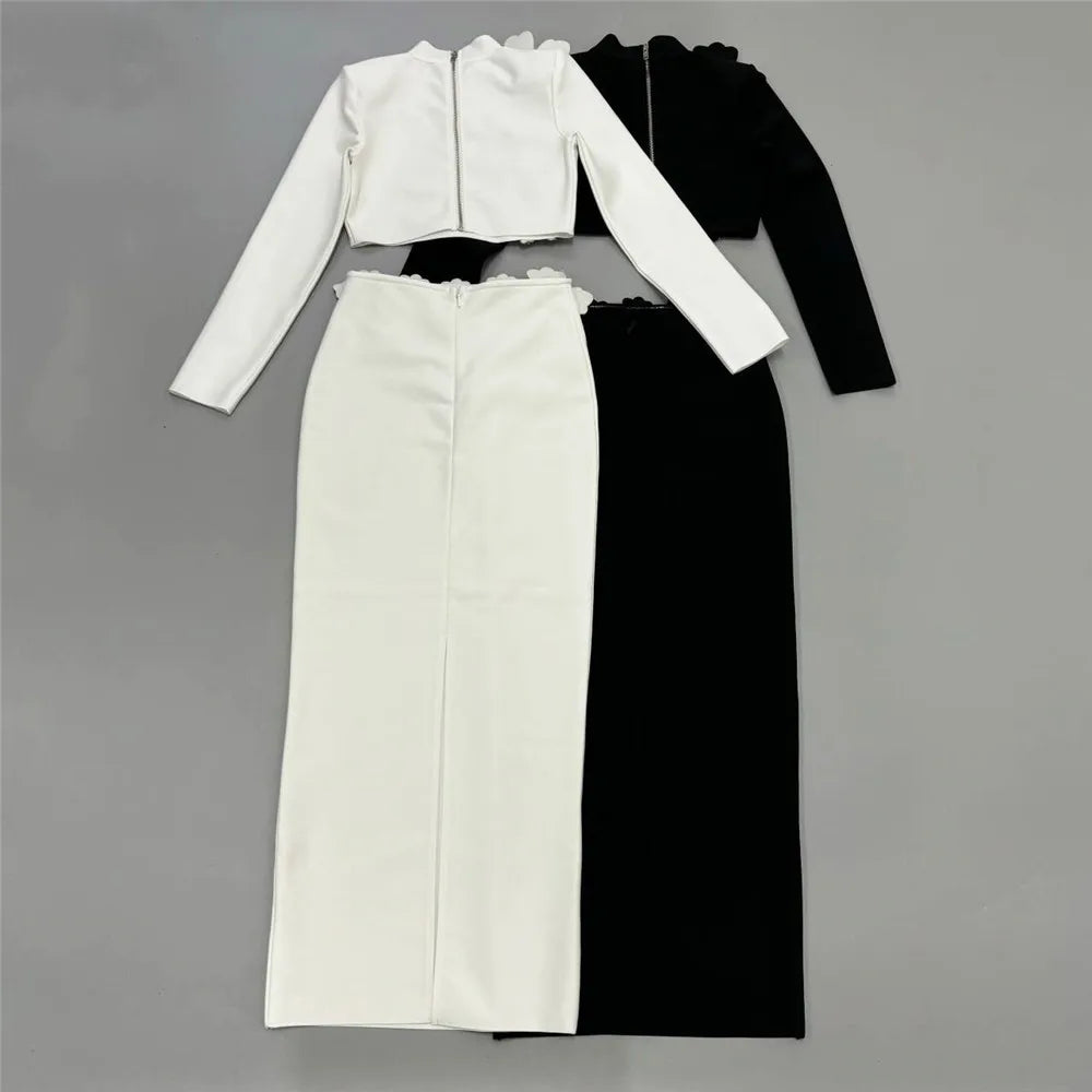 High Quality Women Long Sleeve Diamond Flowers 2 Pieces Bodycon Mini Bandage Dress Celebrate Nightclub Party Outfit Vestido