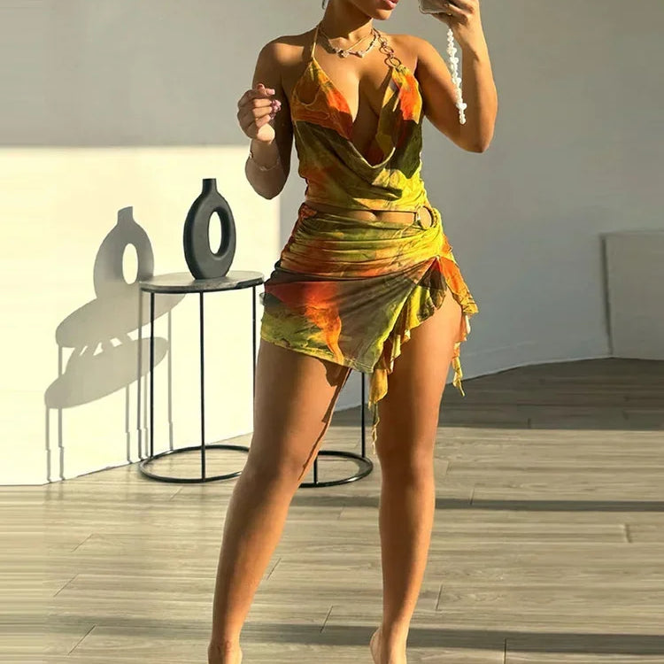 Sexy Printed Tie-dye Hollow Out Mini Dress Fashion Sleeveless Curling Edge Slim Fit Gown New Female Cocktail Party Vestidos 2025