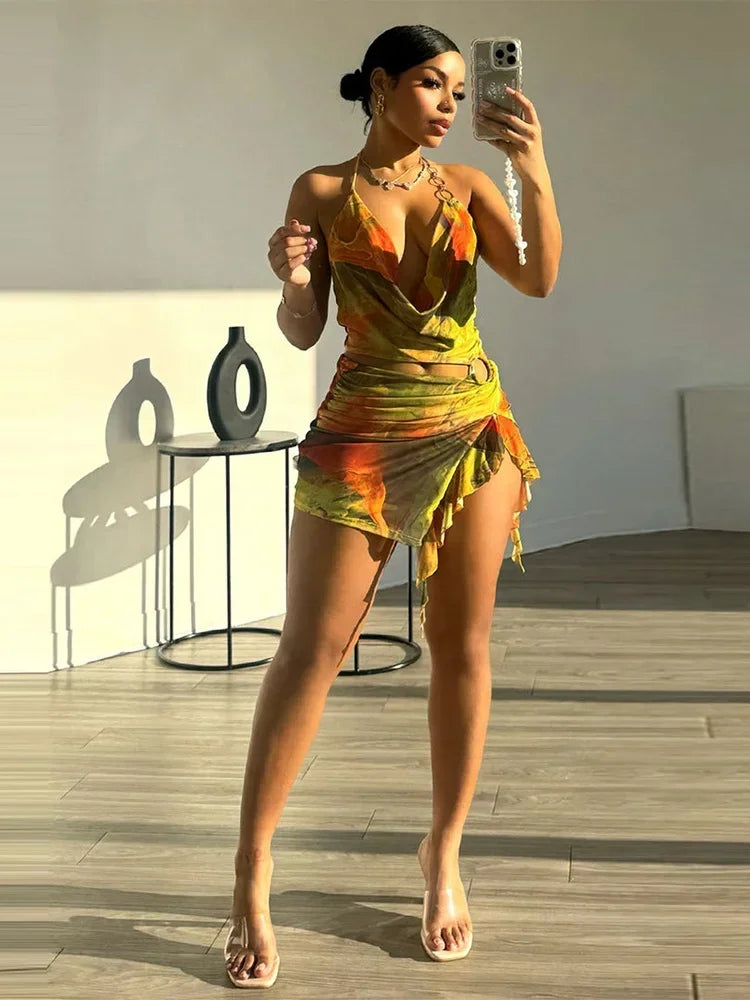 Sexy Printed Tie-dye Hollow Out Mini Dress Fashion Sleeveless Curling Edge Slim Fit Gown New Female Cocktail Party Vestidos 2025