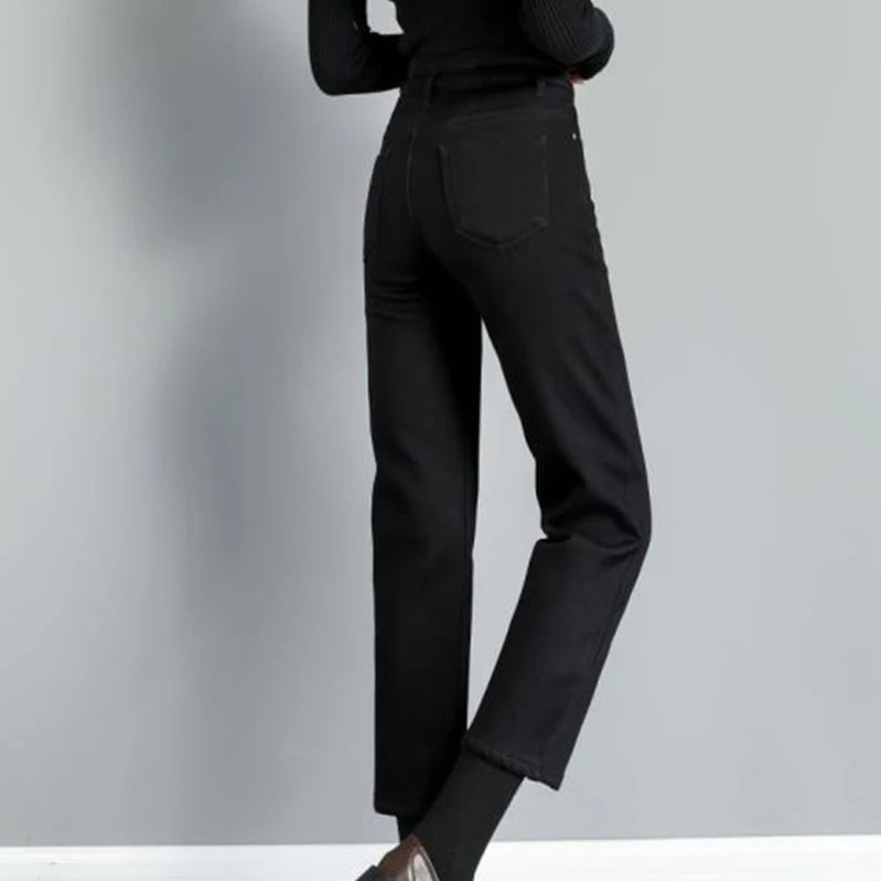 Autumn Winter Denim Jeans Women Double Row Vertical Buckle High Waisted Elastic Brand Slim Straight Warm Classic Smoke Pants