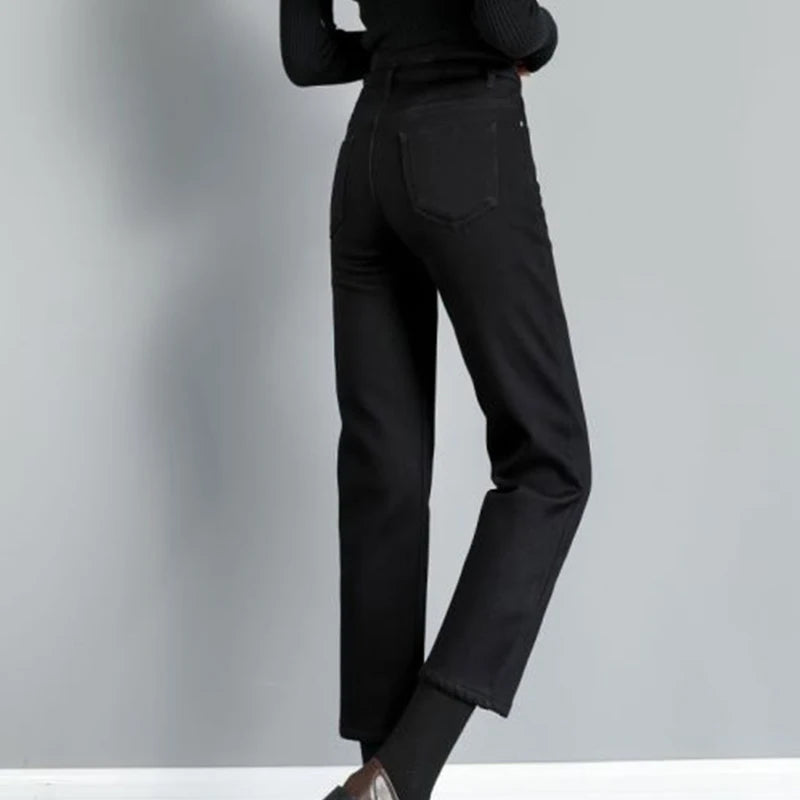 Autumn Winter Denim Jeans Women Double Row Vertical Buckle High Waisted Elastic Brand Slim Straight Warm Classic Smoke Pants