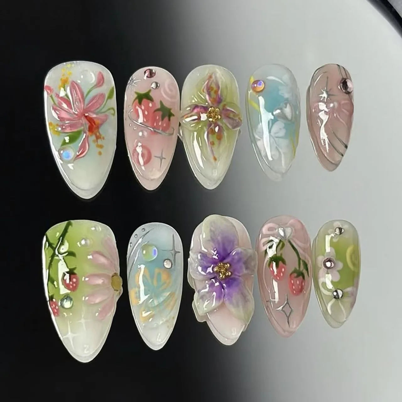 24pcs Wearable Fake Nail Sweet Pink Flower Almond Nails Sets Press on Bow Diamond Design Nails Tips Finished Pearl False Nail