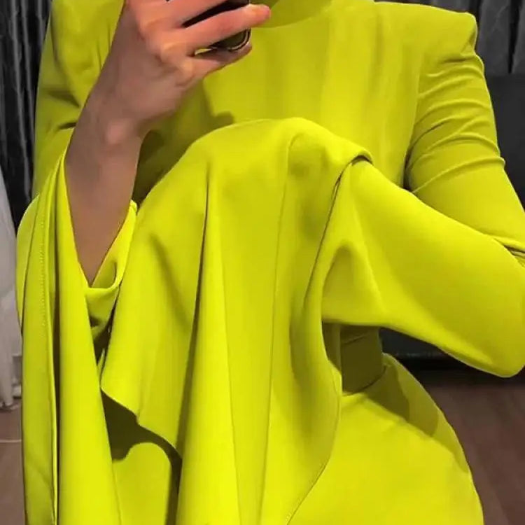 Onecozyday New Women Elegant Evening Dresses Ruffled Sleeve Turtleneck High Waisted Slim Fit Pleated Floor Length Dress