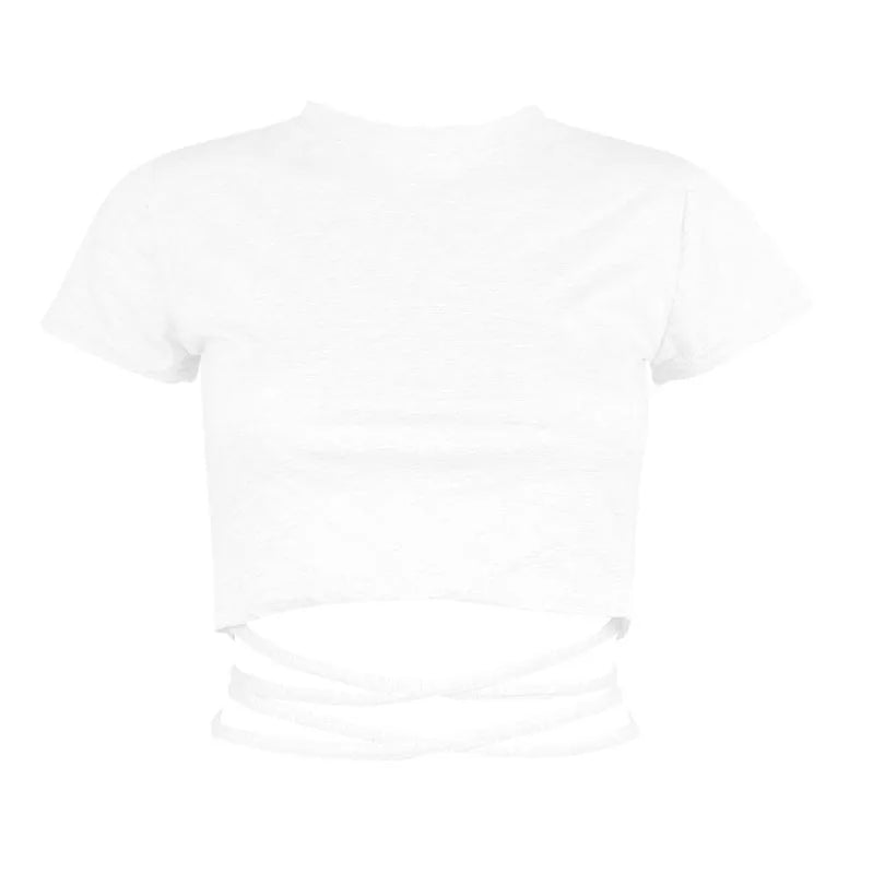 13 Colors Women Lace Up Cropped T-shirts Summer Lady O-Neck Short Sleeve Slim Bandage Tee Tops GXJCK-2180 White