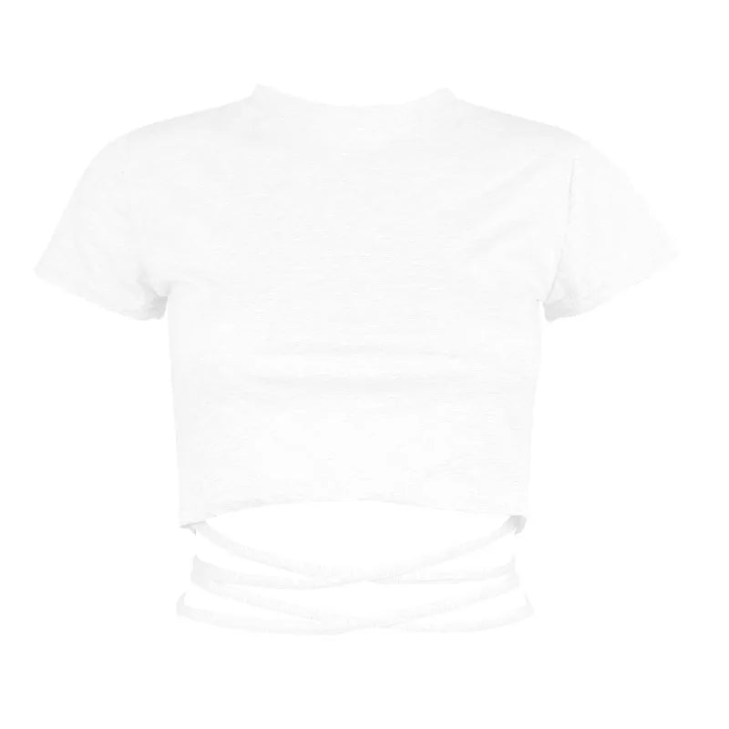 13 Colors Women Lace Up Cropped T-shirts Summer Lady O-Neck Short Sleeve Slim Bandage Tee Tops GXJCK-2180 White