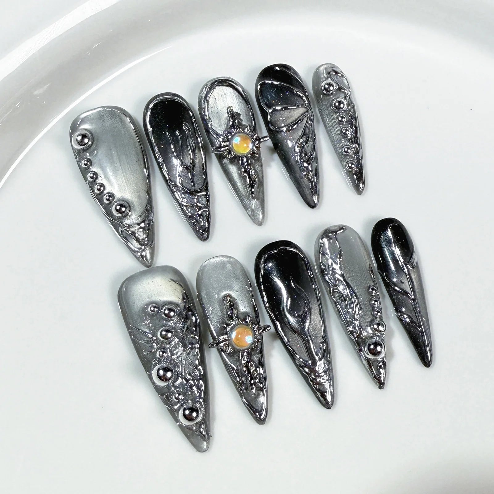 Metallic Almond Handmade Fake Nails Handmade Press On Nail Shiny Cat Eye French Almond False Nails Wearable Manicure Nail Tips