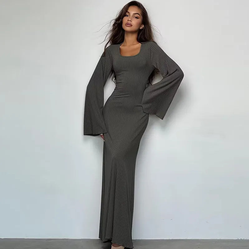 Solid Ribbed Trumpet Sleeves Maxi Dress Back Lace-Up Straps Elegant Casual 2023 Autumn Winter For Women Birthday Dark Grey