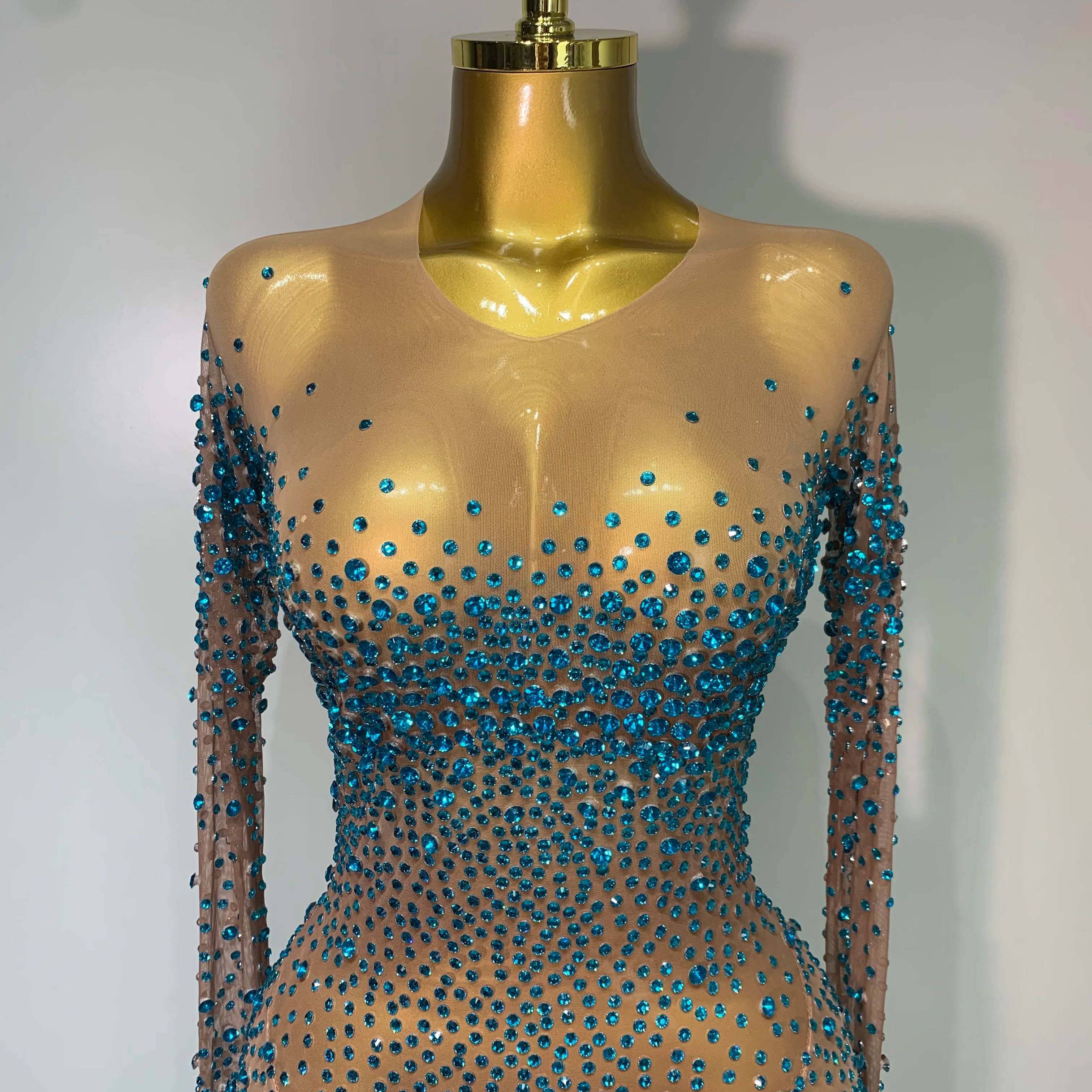 Luxury Rhinestones Bodycon Jumpsuit Sexy Women Mesh See Through Birthday Gown Women Bar Nightclub Dancer Stage Outfit