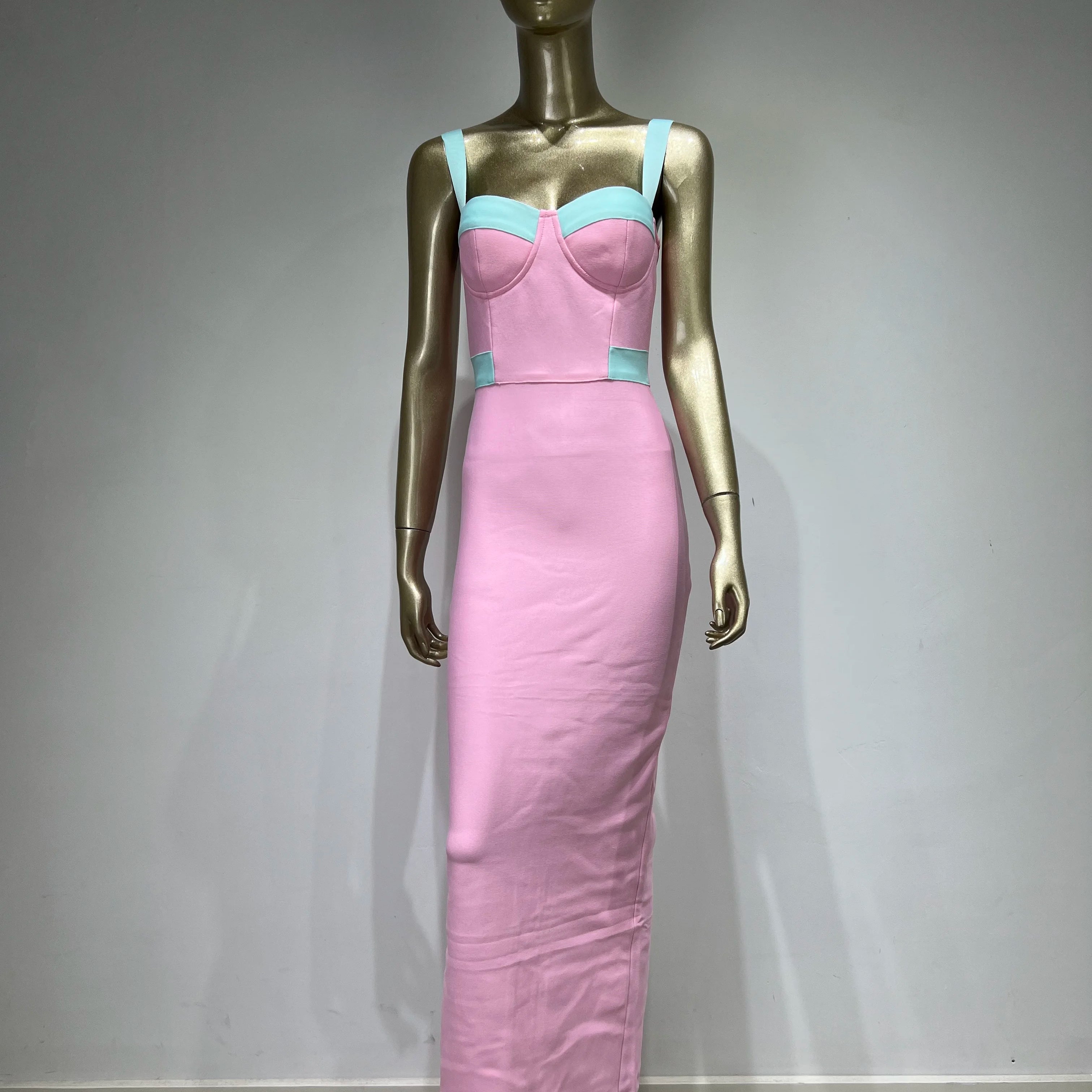 Women Summer Fashion Sexy V Neck Pacthwork Pink Maxi Long Bandage Dress 2023 Celebrity Elegant Evening Club Party Dress