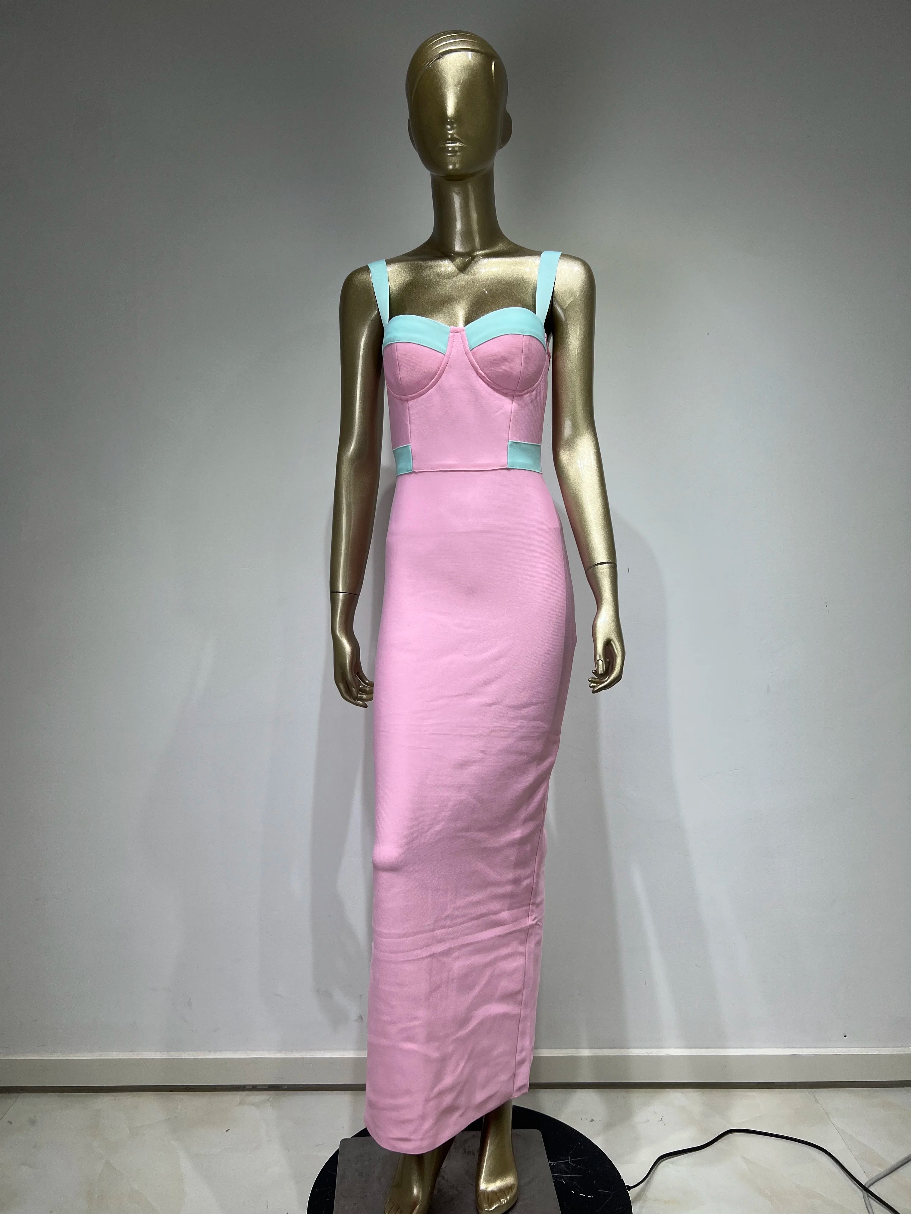 Women Summer Fashion Sexy V Neck Pacthwork Pink Maxi Long Bandage Dress 2023 Celebrity Elegant Evening Club Party Dress