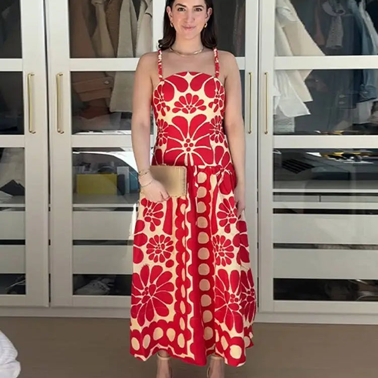 Fashion Red Print Spaghetti Strap Dress Women Sexy Backless Sleeveless Sling Robe Summer Female Casual Party Beach Vestidos
