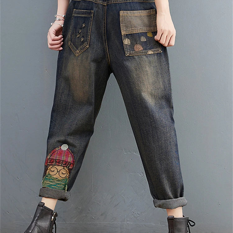 Cartoon Litter Girl Embroidery Denim Pants For Women Trendy Hole Casual High Waist Breeches Pockets Mom Harem Blue Jeans