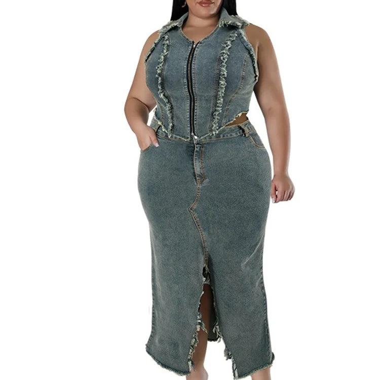Wmstar Women Plus Size Denim Skirts Sets Two Piece Set Casual Summer Turn-down Collar Crop Tops Streetwear Matching Suits 2024