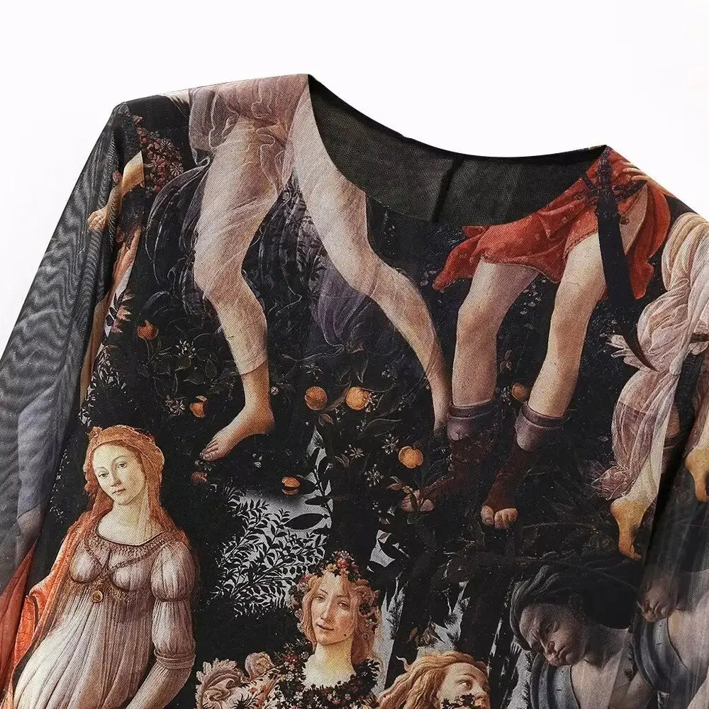 Women Fashion Oil Painting Printing Mesh Slim Midi Dress Female Chic O Neck Long Sleeve Casual Party Vestidos