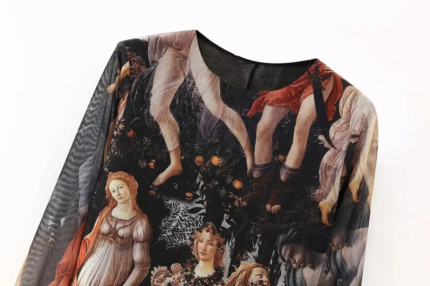 Women Fashion Oil Painting Printing Mesh Slim Midi Dress Female Chic O Neck Long Sleeve Casual Party Vestidos