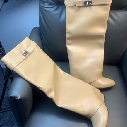 Shark Lock Women Boots Brand Design Genuine Leather Slip-on Knee High Boots For Woman Motorcycle Botas Mujer Fashion Wedge Shoes