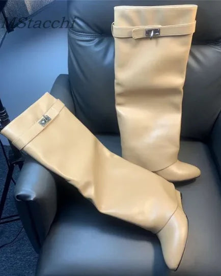 Shark Lock Women Boots Brand Design Genuine Leather Slip-on Knee High Boots For Woman Motorcycle Botas Mujer Fashion Wedge Shoes