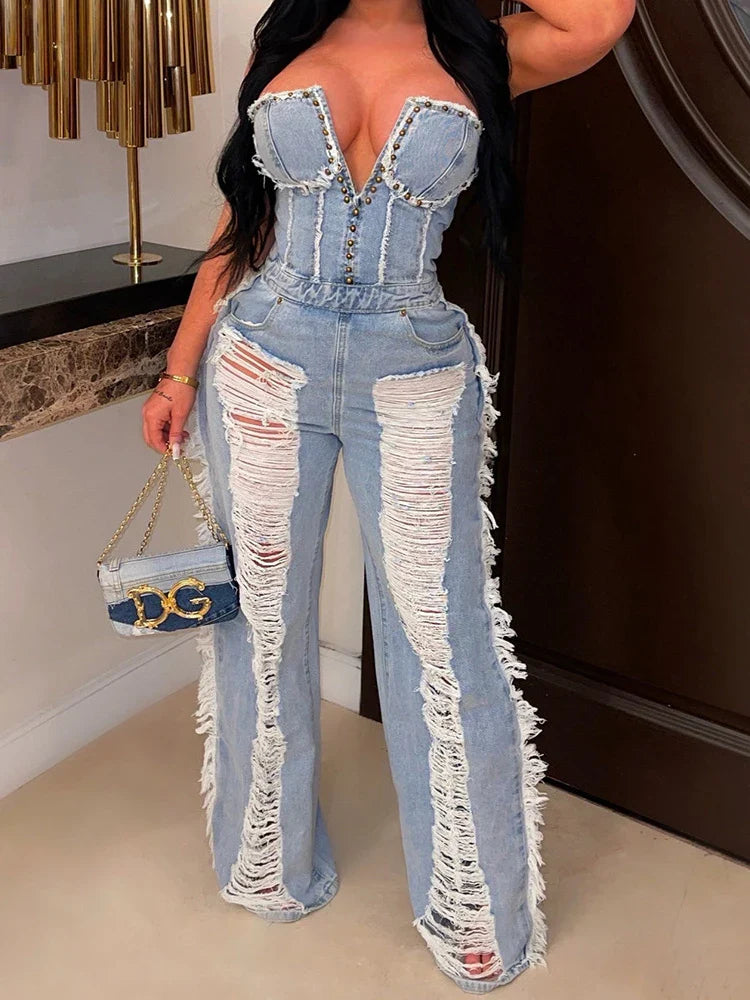 Sibybo Tassel Hollow Out Overalls For Women Studded Diamond Strapless Backless Jeans Street Fashion Trend Jumpsuite Femme
