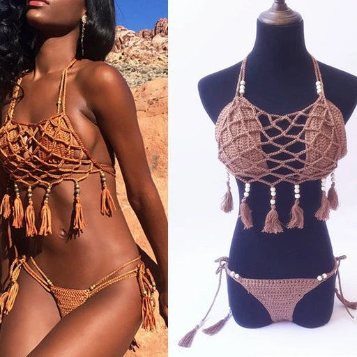 Sexy Crochet Bikinis Set Women Handmade Beading Tassel Knitting Bathing Suit Swimsuit 2021 New Micro Swimwear Summer Beachwear 41