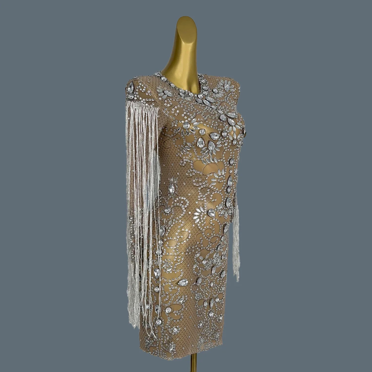 Women Luxury Rhinestone Tassel Dress Elastic Singer Club Stage Performance Costume Evening Party Celebrate Dress Vestido Hualan