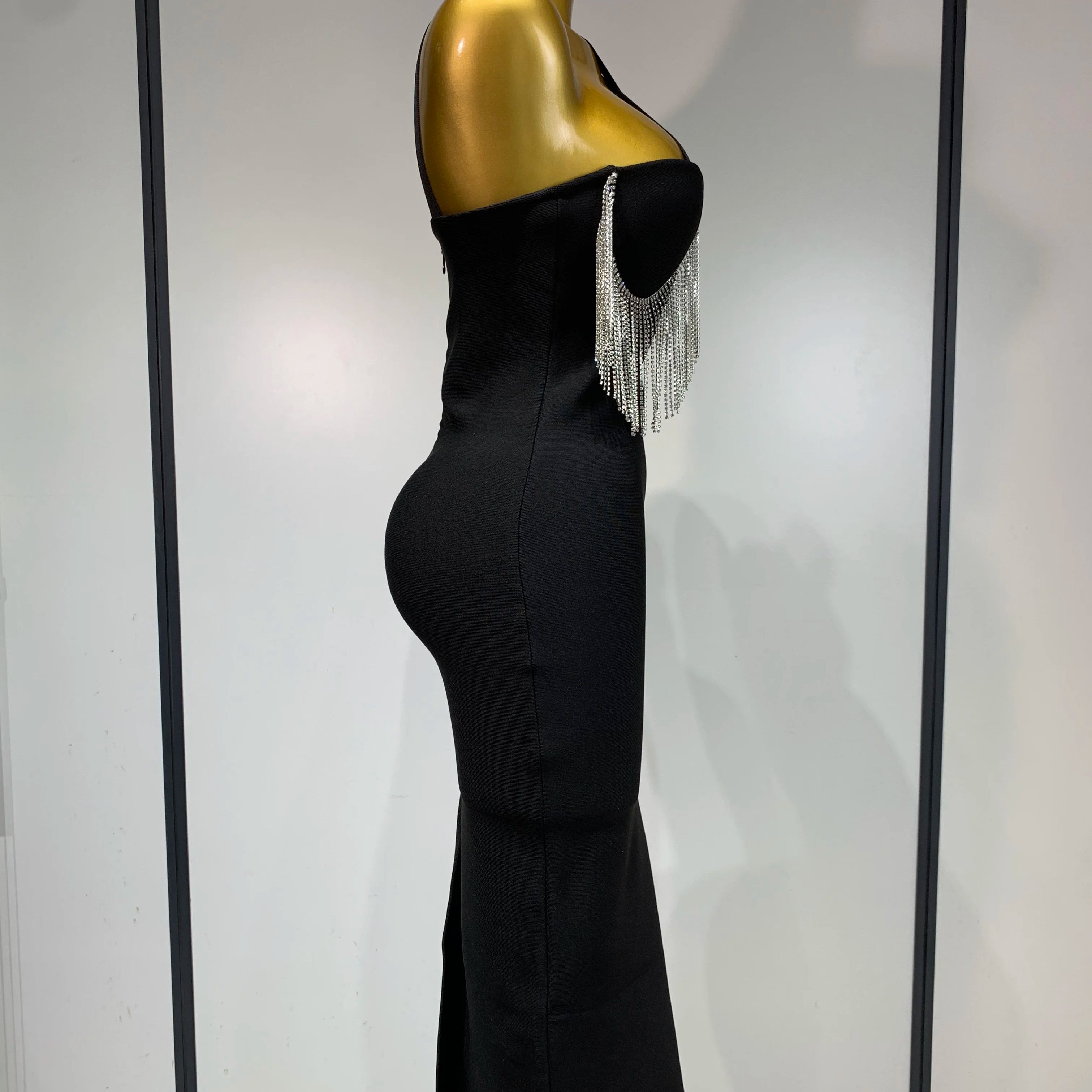 Women Sexy Diamonds Tassel Crystal Midi Black Bodycon Bandage Dress 2025 Elegant Evening Party Luxury Birthday Dresses Vestido
