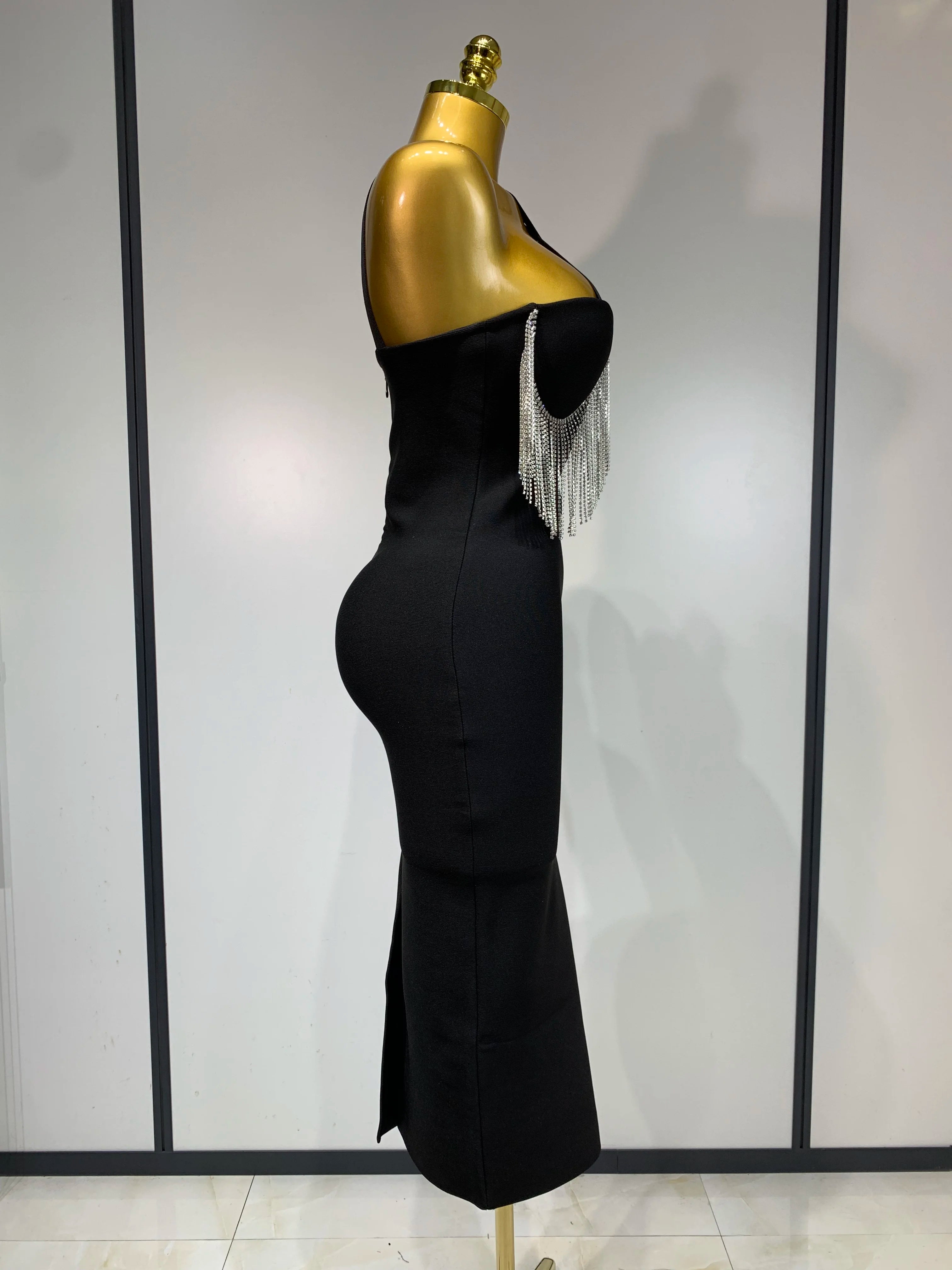 Women Sexy Diamonds Tassel Crystal Midi Black Bodycon Bandage Dress 2025 Elegant Evening Party Luxury Birthday Dresses Vestido