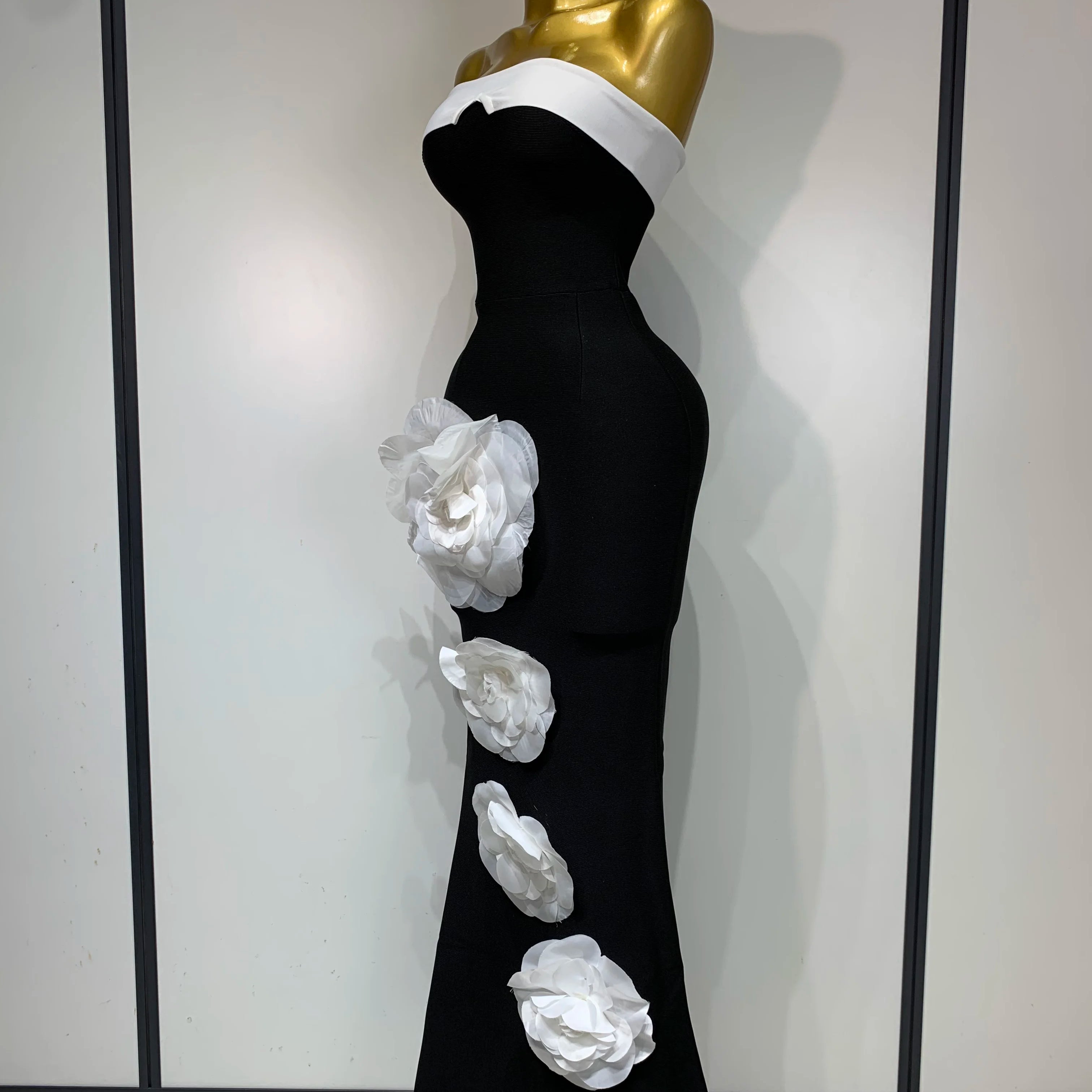 Women Sexy Strapless Backless Flower Maxi Long Bandage Dress 2025 Knitted Celebrity Elegant Evening Club Party Birthday Dresses