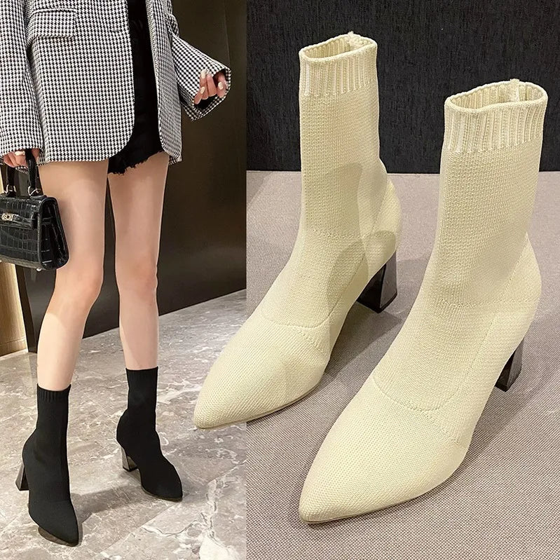 2022 New Autumn Winter Thick High-heeled All-match Thin and Thin Boots Women's Pointed Toe Mid-tube Elastic Socks Boots Women