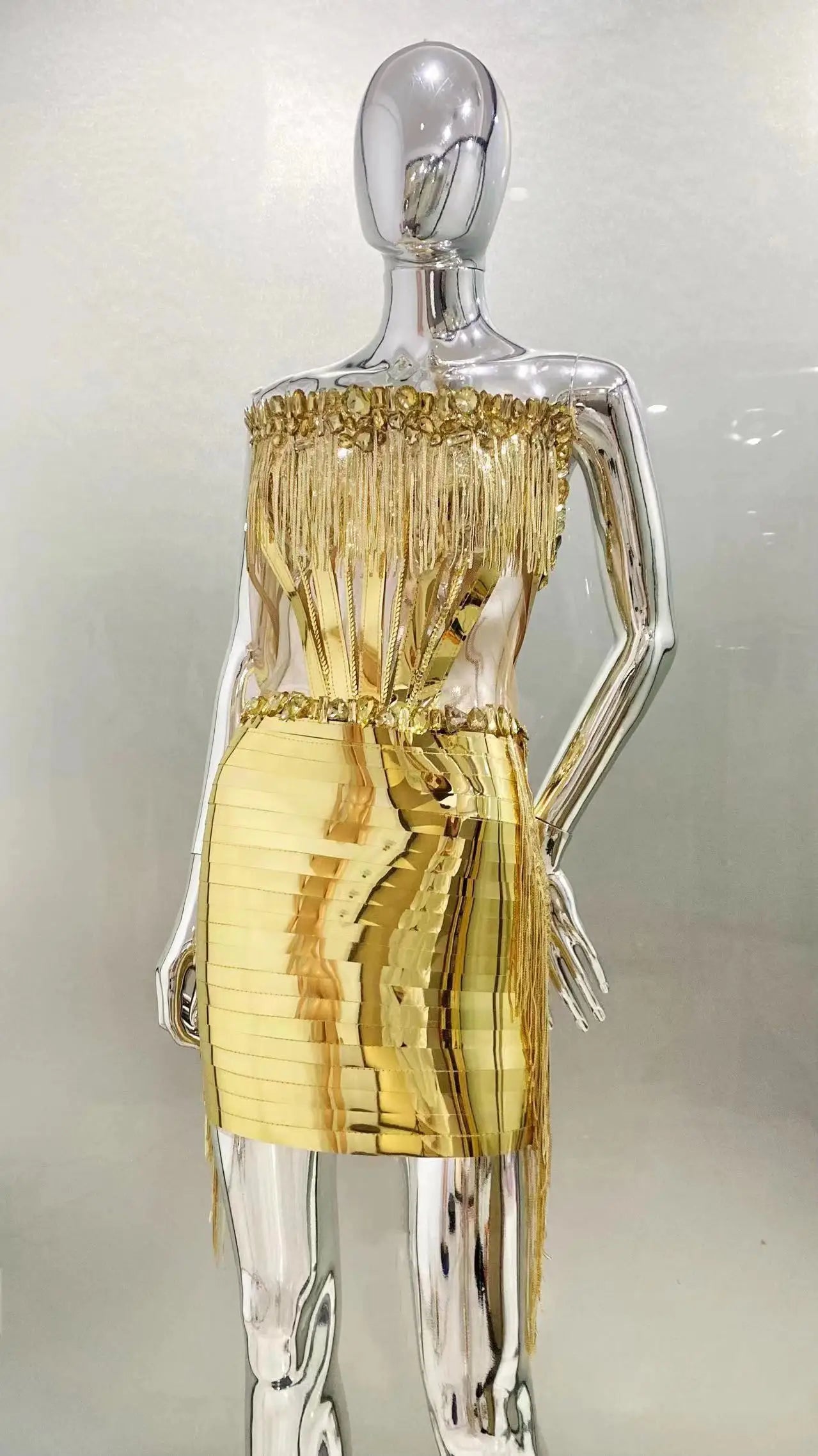 Gold Color Women Sexy Strapless Shinning Crystal 2 Pieces Bodycon Mini Dress Nightclub Party Performance Costume Birthday Dress