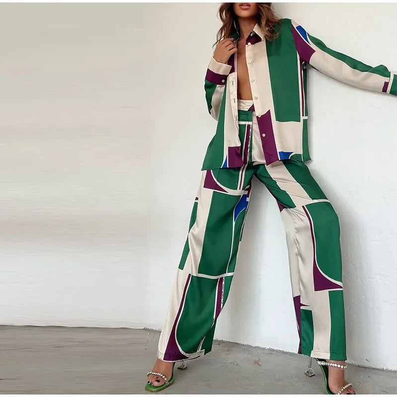 QNPQYX Fashion Printed Long Sleeve Shirt 2 Piece Set Women Loose Turndown Collar Tops Suits Female Casual Straight Pants Outfis green